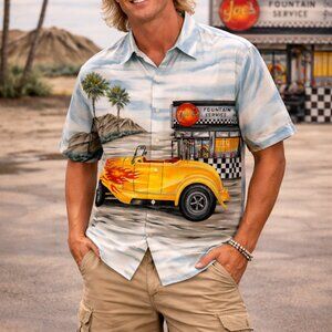 New Tori Richard Hawaiian Aloha Shirt with Hot Rod and Fountain Service